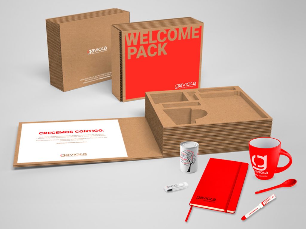 packaging welcome pack productos y caja de gaviota simbac